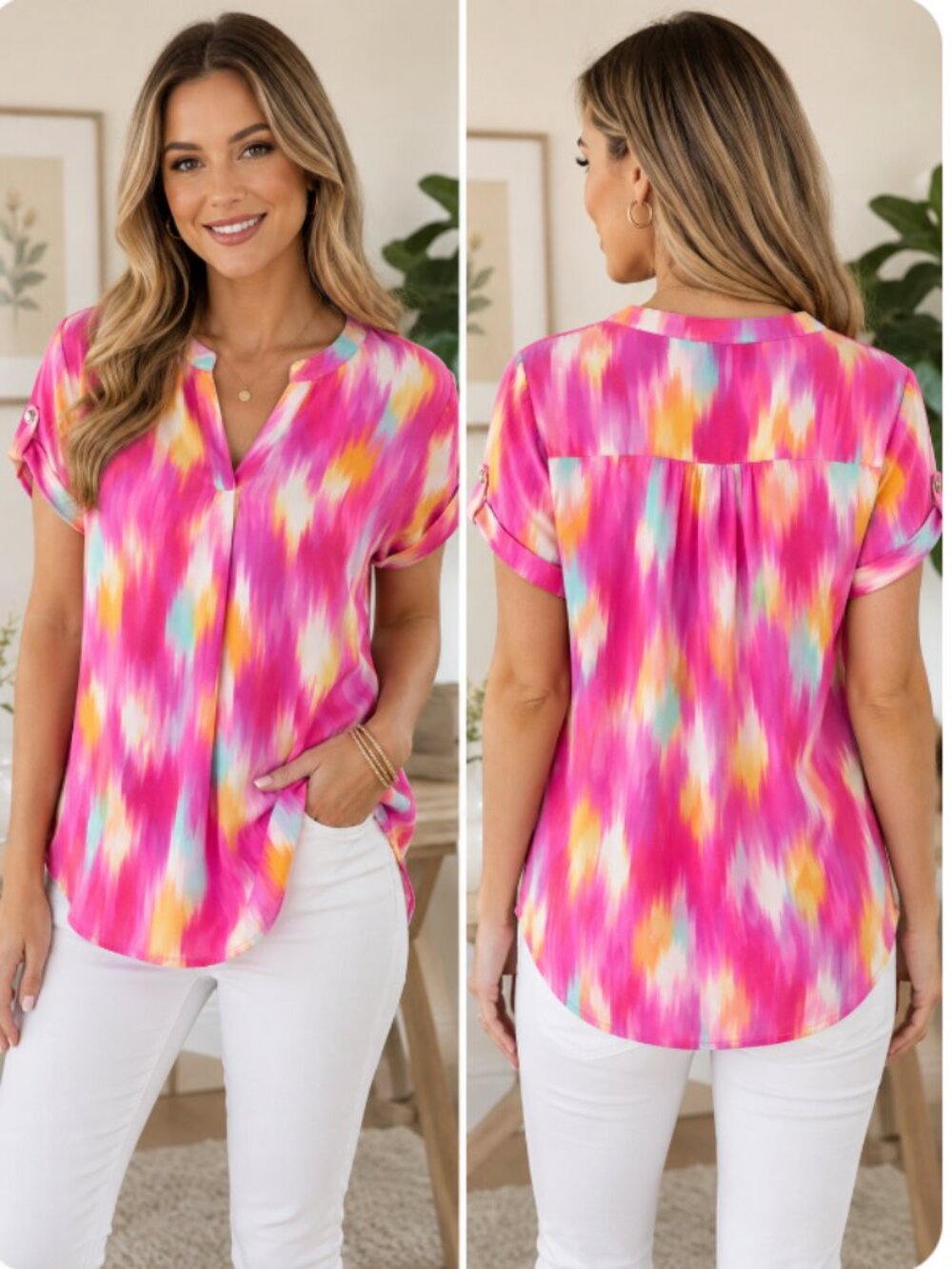 NEW Dear Scarlett Lizzy Short Sleeve Multicolor Abstract Blouse Size XL